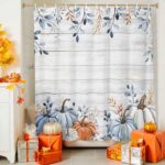 Fall Shower Curtain Blue Pumpkin Bath Curtains Leaves Floral Wood Grain Waterproof Polyester Fabric Bathroom Shower Curtain Set with 12 Hooks Decoration 72 x 72 Inches - Image 7