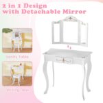 INFANS Kids Vanity, 2 in 1 Wooden Princess Makeup Table and Stool Set with Tri-Folding Detachable Mirror 10 Accessories, Toddler Pretend Beauty Dressing Play for Girls Aged 3+ (Platinum) - Image 3