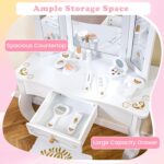 INFANS Kids Vanity, 2 in 1 Wooden Princess Makeup Table and Stool Set with Tri-Folding Detachable Mirror 10 Accessories, Toddler Pretend Beauty Dressing Play for Girls Aged 3+ (Platinum) - Image 4