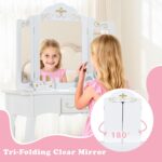 INFANS Kids Vanity, 2 in 1 Wooden Princess Makeup Table and Stool Set with Tri-Folding Detachable Mirror 10 Accessories, Toddler Pretend Beauty Dressing Play for Girls Aged 3+ (Platinum) - Image 5