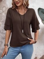 Womens Blouses Ruffle Sleeve Top V Neck Shirts Casual Outfit Bell Sleeve Cute Tee Spring Fall Summer Fashion Clothes - Image 4
