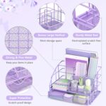 Purple Desk Organizers and Accessories, Purple Office Supplies with Mesh Desk Organizer, Acrylic Tape Dispenser and Stapler, Staples, Ballpoint Pen, Clips Set, Ruler, Scissor, Sticky Labels - Image 3
