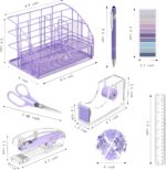Purple Desk Organizers and Accessories, Purple Office Supplies with Mesh Desk Organizer, Acrylic Tape Dispenser and Stapler, Staples, Ballpoint Pen, Clips Set, Ruler, Scissor, Sticky Labels - Image 8
