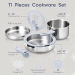 CAROTE Tri-Ply Stainless Steel Cookware Set with Stand-Up Lid, 11Pcs Pots and Pans Set Non Stick, Induction Kitchen Cooking Sets with Detachable Handle, Oven Safe to 600°F, Non Toxic Dishwasher - Image 3