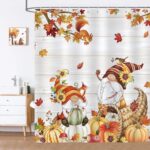 Bonhause Fall Gnome Shower Curtain, Thanksgiving Autumn Pumpkin Maple Leaves Farmhouse Bathroom Curtain 72x72 Inch Polyester Fabric Waterproof Bath Curtain with 12 Hook - Image 3