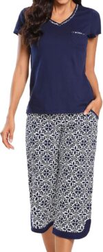 Two Piece Outfits Womens Pajamas Short Sleeve Sleepwear Tops and Capri Pants Pjs Print Pajama Sets - Image 3