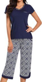Two Piece Outfits Womens Pajamas Short Sleeve Sleepwear Tops and Capri Pants Pjs Print Pajama Sets - Image 4