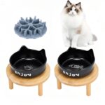 3PCS Elevated Cat Bowls,Wide Raised Ceramic Pet Dishes with Bamboo Stand, Whisker Friendly Pet Water or Food Plates Feeding Station for Indoor Small Dogs, Kitten (Black(2PCS)) - Image 2