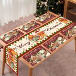 7 Pcs Christmas Table Runner and Placemat Set 72 x 13 Inch with Snowman, Gingerbread Man Table Mat for Holiday Kitchen Dining Decoration - Image 2