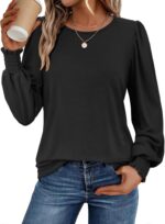 ATHMILE Fall Long Sleeve Shirts for Women Business Casual Crewneck Tops Dressy Blouses with Smocked Cuffs Teacher Outfits - Image 2