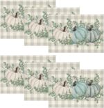 Artoid Mode Buffalo Plaid Eucalyptus Pumpkins Leaves Fall Placemats Set of 6, 12x18 Inch Seasonal Autumn Table Mats for Party Kitchen Dining Decoration - Image 2