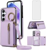 Asuwish Compatible with Samsung Galaxy S24 FE 5G Wallet Case with Tempered Glass Screen Protector and Crossbody Shoulder Strap Buckle Card Holder Cell Phone Cover for S 24 EF AI S24FE 24S Women Purple - Image 2