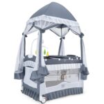 BABY JOY 4 in 1 Pack and Play with Canopy, Portable Baby Playard with Bassinet, Double-Layer Baby Crib, Wheels & Brake, Foldable Baby Girl Pink Bassinet from Newborn to Toddler - Image 2