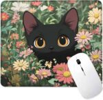Black Cat Among Flowers Mouse Pad Square Mouse Mat Non-Slip Rubber Base Mousepad with Stitched Edge, Portable MousePads for Desk Computers Laptop Office, 9.5x8 Inches - Image 2