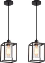 Black Pendant Lights for Kitchen Island Industrial Lantern Pendant Light Fixtures with Clear Glass Shade, Farmhouse Adjustable Height Hanging Pendant Lighting - Image 2
