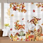 Bonhause Fall Gnome Shower Curtain, Thanksgiving Autumn Pumpkin Maple Leaves Farmhouse Bathroom Curtain 72x72 Inch Polyester Fabric Waterproof Bath Curtain with 12 Hook - Image 2