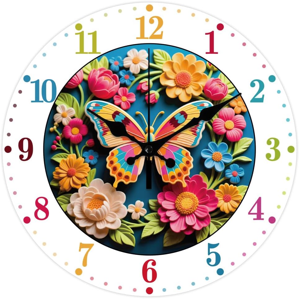 CHGCRAFT Colorful Butterflies Wall Clock 12 Inch 3D Embossed Style Clock Battery Operated Silent Non Ticking Round Decorative Clock for Home Office Decoration - Image 2