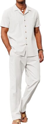 COOFANDY Men 2 Piece Linen Outfit Beach Button Down Shirt Casual Loose Pant Sets - Image 2