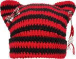Cat Ear Beanie Hats for Women Y2K Striped Beanie with DIY Goth Accessories Slouchy Crochet Goth Hat with Cat Ears - Image 2