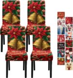 Christmas Bell Chair Covers Set of 4, Stretchable Dining Chair Slipcovers with Poinsettia Flowers and Candy Canes for Holiday Décor - Image 2