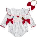 Christmas Outfit Newborn Baby Girl Ruffle Long Sleeve Romper Bodysuit Santa Smocked Bubble Clothes - Image 2