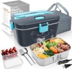 Electric-Lunch-Box-Heated-Food-Warmer 100W Heating Lunchbox for Adults 1.8L Portable Food Heater for Work/Car, 12V/24V/110-230V Lonchera Eléctrica Portátil with Fork Spoon (Gray+Blue) - Image 2
