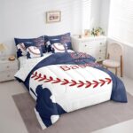Erosebridal 7 Piece Baseball Queen Comforter Set for Boys Kids,Navy Blue White Baseball Bed in a Bag Sports Boys Room Decor,Ball Games Bedding Set with Fitted Sheet,Flat Sheet,Pillowcases & Shams - Image 2