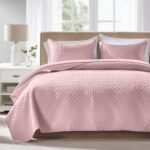 FLYMME Pink Twin Quilt Bedding Set Thin Lightweight Bedspreads,Modern Style Geometric Weave Stripe Pattern,Soft Microfiber Bed Coverlet for All Season (1 Quilt, 1Sham) - Image 2