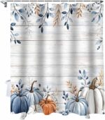 Fall Shower Curtain Blue Pumpkin Bath Curtains Leaves Floral Wood Grain Waterproof Polyester Fabric Bathroom Shower Curtain Set with 12 Hooks Decoration 72 x 72 Inches - Image 2
