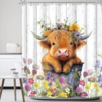Farmhouse Highland Cow Shower Curtain 60Wx72H Western Spring Rustic Funny Calf Country Bull Animal Wood Floral Flower Plant Botanical Bathroom Decor Bath Curtain Fabric Polyester 12 Pack Hook - Image 2