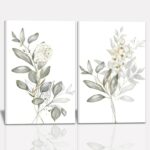 Framed Nature Botanical Wall Art Set of 2, White Floral with Green Eucalyptus Leaves Canvas Prints, Modern Minimalist Flower Painting Picture For Kitchen, Bedroom, Dining Room,Bathroom Decor, 16x24IN - Image 2