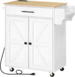 HOOBRO Kitchen Island with Power Outlet, Kitchen Storage Island with Large Worktop, Spice Rack and Drawer, Rolling Island on Wheels, for Dining Room, White and Natural - Image 2