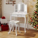 INFANS Kids Vanity, 2 in 1 Wooden Princess Makeup Table and Stool Set with Tri-Folding Detachable Mirror 10 Accessories, Toddler Pretend Beauty Dressing Play for Girls Aged 3+ (Platinum) - Image 2