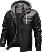 INVACHI Men's Leather Jacket Motorcycle Bomber Jacket Windproof PU Vintage Jacket with Removable Hood - Image 2