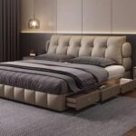 King Size Genuine Leather Wood Bed Upholstered Platform Bed Frame with Wingback Headboard and Storage Drawers Strong Wooden Slat Support No Box Spring Needed Noise Free - Image 2