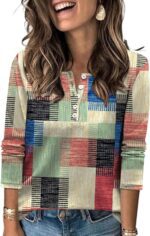 LUYAA Womens Long Sleeve V Neck Warm Henley Shirts Color Block Printed Button Down Tunic Tops Dressy Casual Winter Tops - Image 2