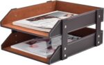 Leather Desk Organizer,2-Tier Stackable Letter Tray Holder,Office Supplies Desktop Storage Box for Document,Stationery,Magazines,Newspapers,Letters and Other Home Office Paper Sundries,Coffee - Image 2
