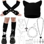 Mepase Grunge Clothes Sets, Crochet Cat Beanie Y2k Leg Warmers Fingerless Knit Gloves Jewelry Accessories Set for Girls - Image 2