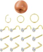 ORAZIO Nose Rings for Women - 14K Gold Filled Hypoallergenic Surgical Steel Nose Ring Hoops 18G/20G Small Cute CZ Straight Screw L Shaped Nose Studs Piercings Jewelry for Women Men 15Pcs - Image 2