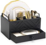 Paper Plate Dispenser with Drawer, country style Wood Kitchen Counter, Picnic, Party, Camping - Caddy Organizer for Cups, Spoons, Forks, Plates, office supplies, Napkins & Silverware（Black） - Image 2