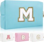 Personalized Initial Letter Patch Makeup Bag, Preppy Portable Chenille Cosmetic Bag with Zipper, PU Leather Waterproof Travel Toiletry Bag Monogram Make Up Pouch for Women Girls - Image 2