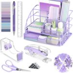 Purple Desk Organizers and Accessories, Purple Office Supplies with Mesh Desk Organizer, Acrylic Tape Dispenser and Stapler, Staples, Ballpoint Pen, Clips Set, Ruler, Scissor, Sticky Labels - Image 2