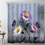 Purple Floral Shower Curtain Rustic Farmhouse Purple Daisy Flowers and Butterfly Dark Grey Art Boho Shower Curtains for Bathroom Decor 72x72Inch Washable Polyester with 12 Hooks - Image 2