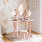 ROBUD Kids Vanity Table and Chair Set, Pink Girls Vanity with 11Pcs Accessories, Pretend Play Kids Vanity with Mirror and Drawer, Princess Makeup Desk Dressing Table, Ideal Gift for Girls Age 3+ - Image 2