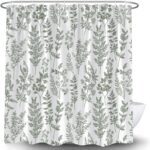 Sage Green Botanical Plant Shower Curtain Vintage Fern Leaf Leaves Boho Herbs Floral Nature Tropical Retro Rustic Farmhouse Aesthetic Modern Rural Fabric Bathroom Curtain Set with Hook - Image 2