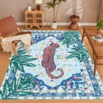 Tiger Rug 3x5 Blue Washable Non-Slip Boho Vintage Jungle Rug Whimsical Animal Print Soft Cozy Tropical Woodland Carpet for Bedroom Laundry Room Kitchen Hallway Entryway - Image 2