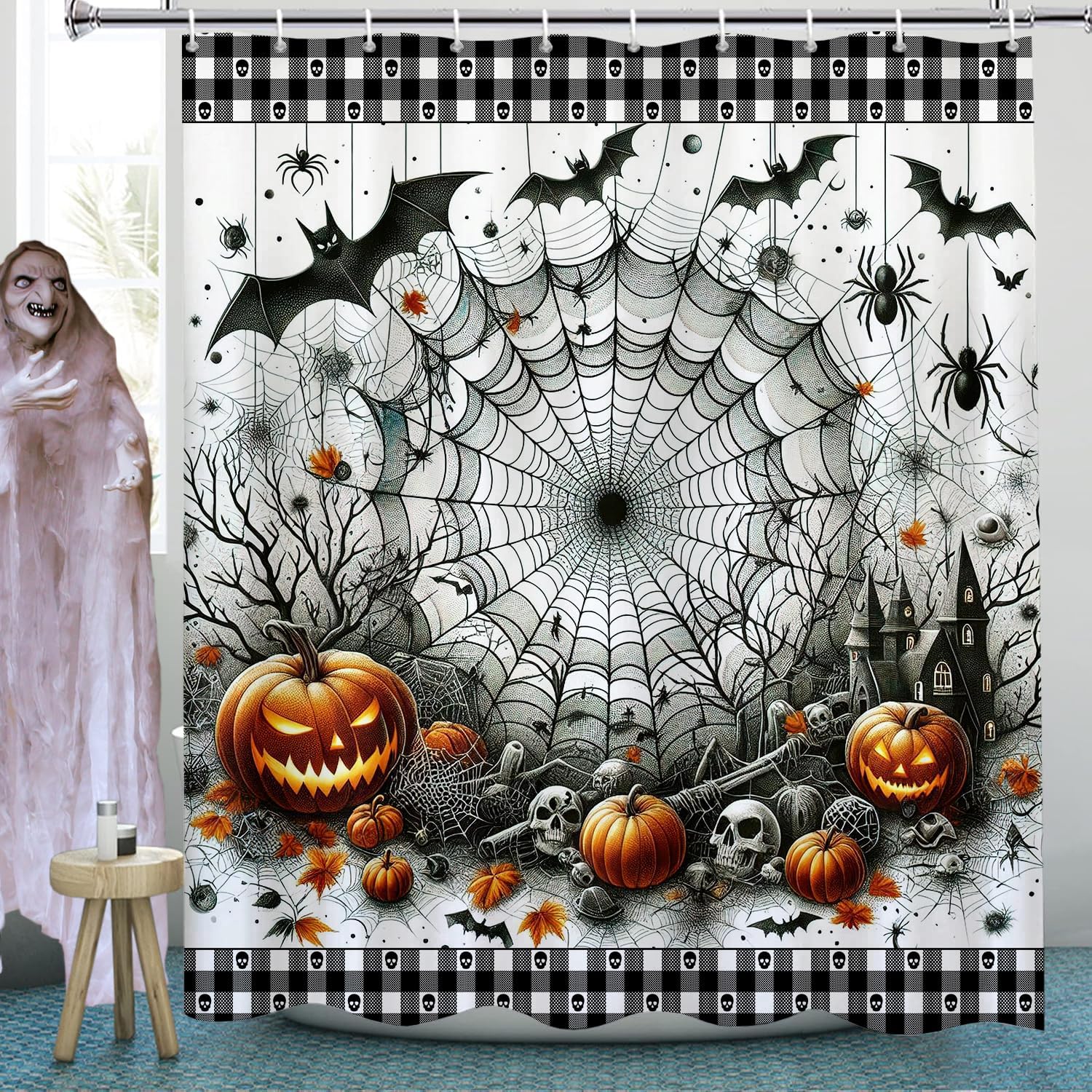 Vintage Halloween Shower Curtain with 12 Hooks, Waterproof Spider Web Bat Skull Spooky Shower Bathroom Curtain Decor, Scary Halloween Shower Curtains for Bathroom, 72x72 Inch - Image 2