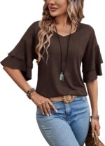 Womens Blouses Ruffle Sleeve Top V Neck Shirts Casual Outfit Bell Sleeve Cute Tee Spring Fall Summer Fashion Clothes - Image 2