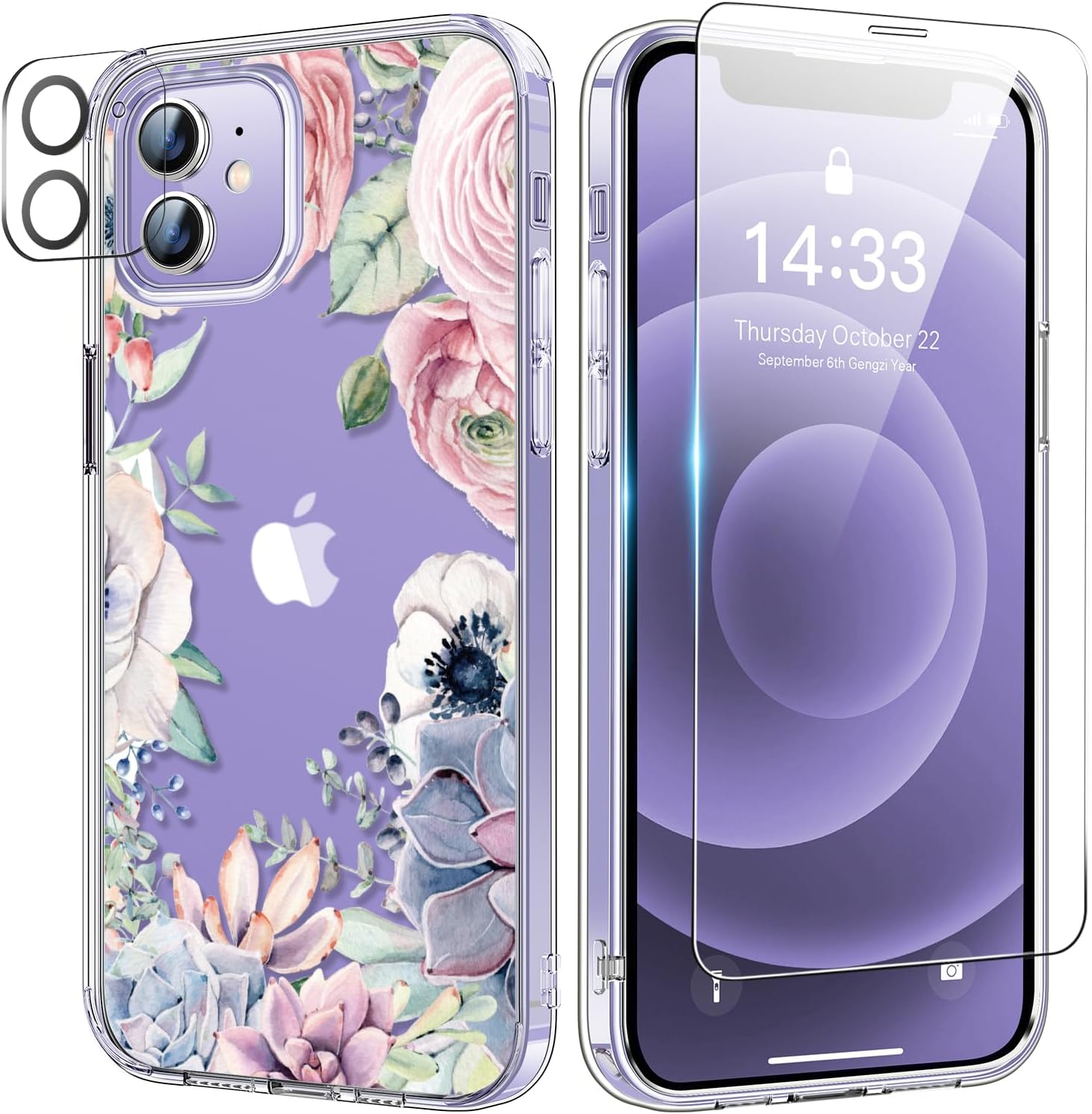 bicol for iPhone 12 Mini Case with Screen Protector and Camera Lens Protector - Fashionable Flower Floral Designs for Women Girls - Shockproof Acrylic Clear Phone Cover 5.4" - Colorful Succulents - Image 2