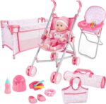 deAO Baby Doll Stroller Crib Bed Nursery Role Play Set Baby Doll Accessories and Play Mat,Travel Cot,Bouncer,Foldable Stroller and Travel Bag Birthday for Girls Boys Kids - Image 2